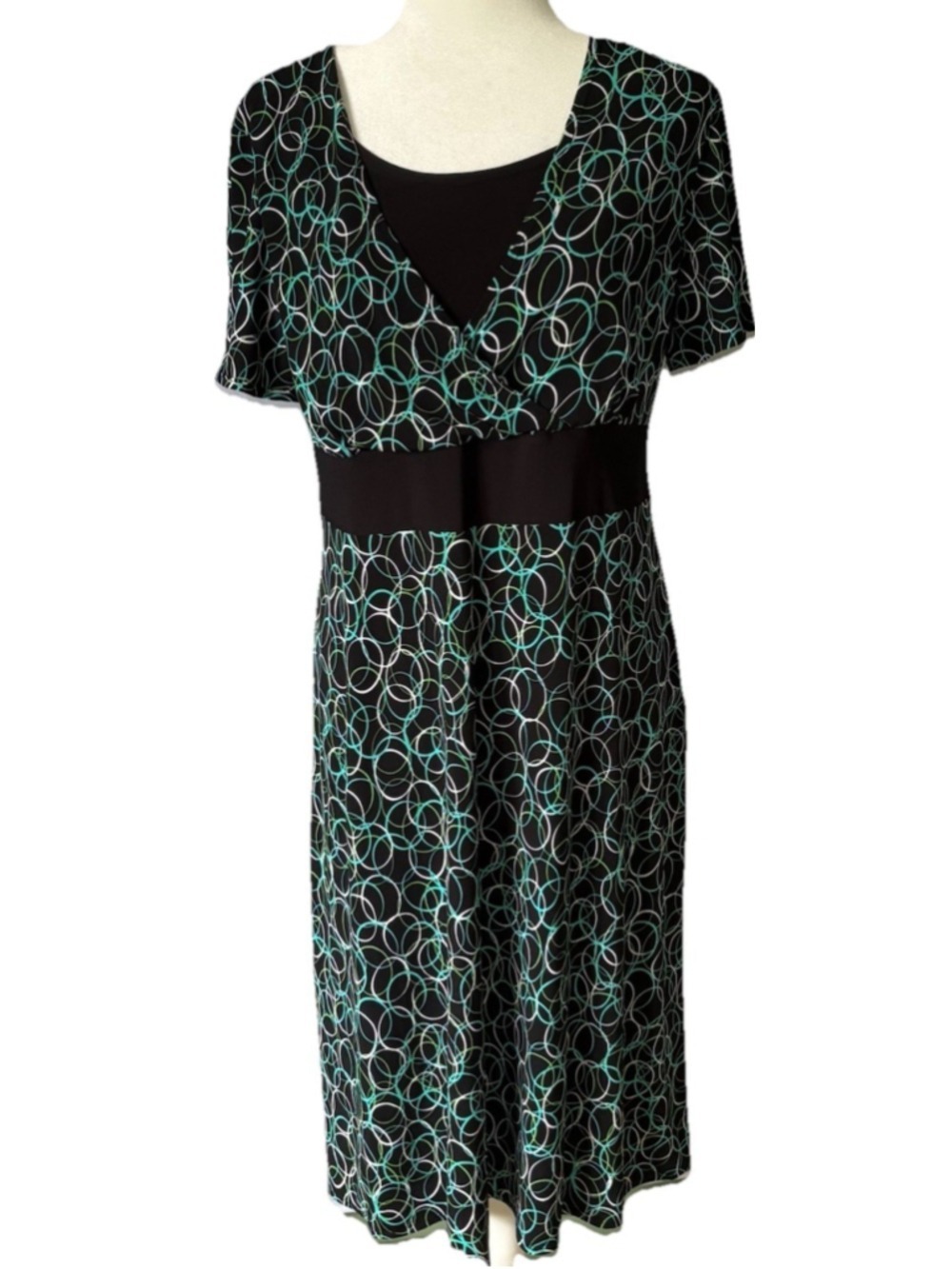 Notations Women’s Dress L Black Green Teal Circle Geometric Empire Faux Wrap